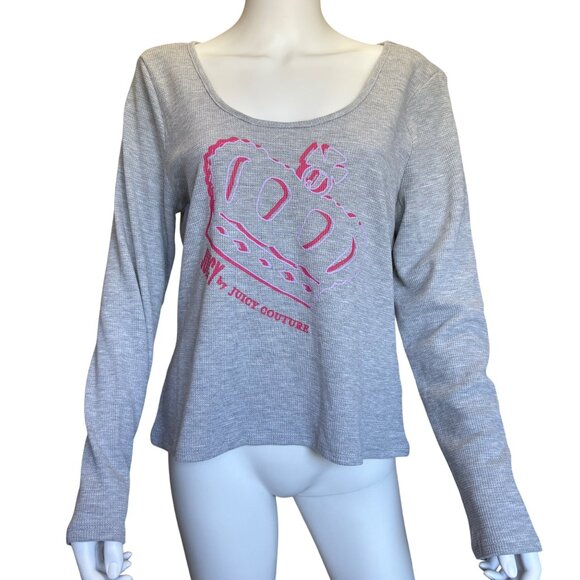 Juicy Couture Grey Long Sleeve Waffle Knit Top W/ Pink Crown Graphic Womens XL - Picture 1 of 6
